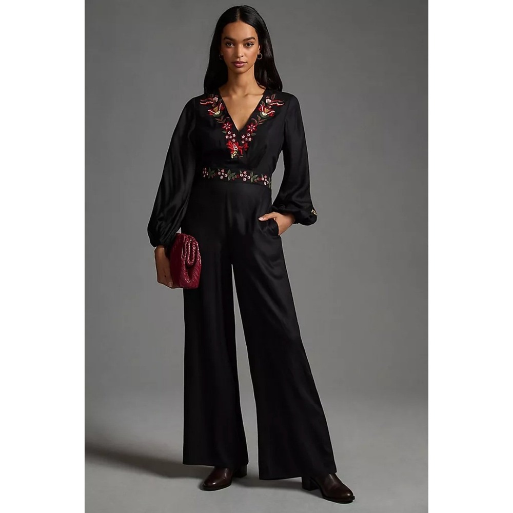 Farm Rio Embroidered Wide Leg Floral Jumpsuit Small Black Floral Anthropologie